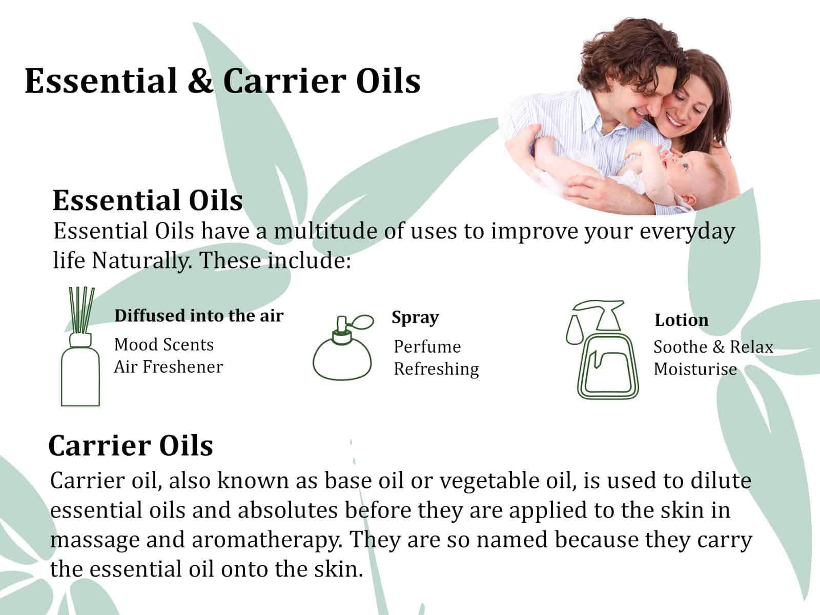 Uses of essential oils and carrier oils